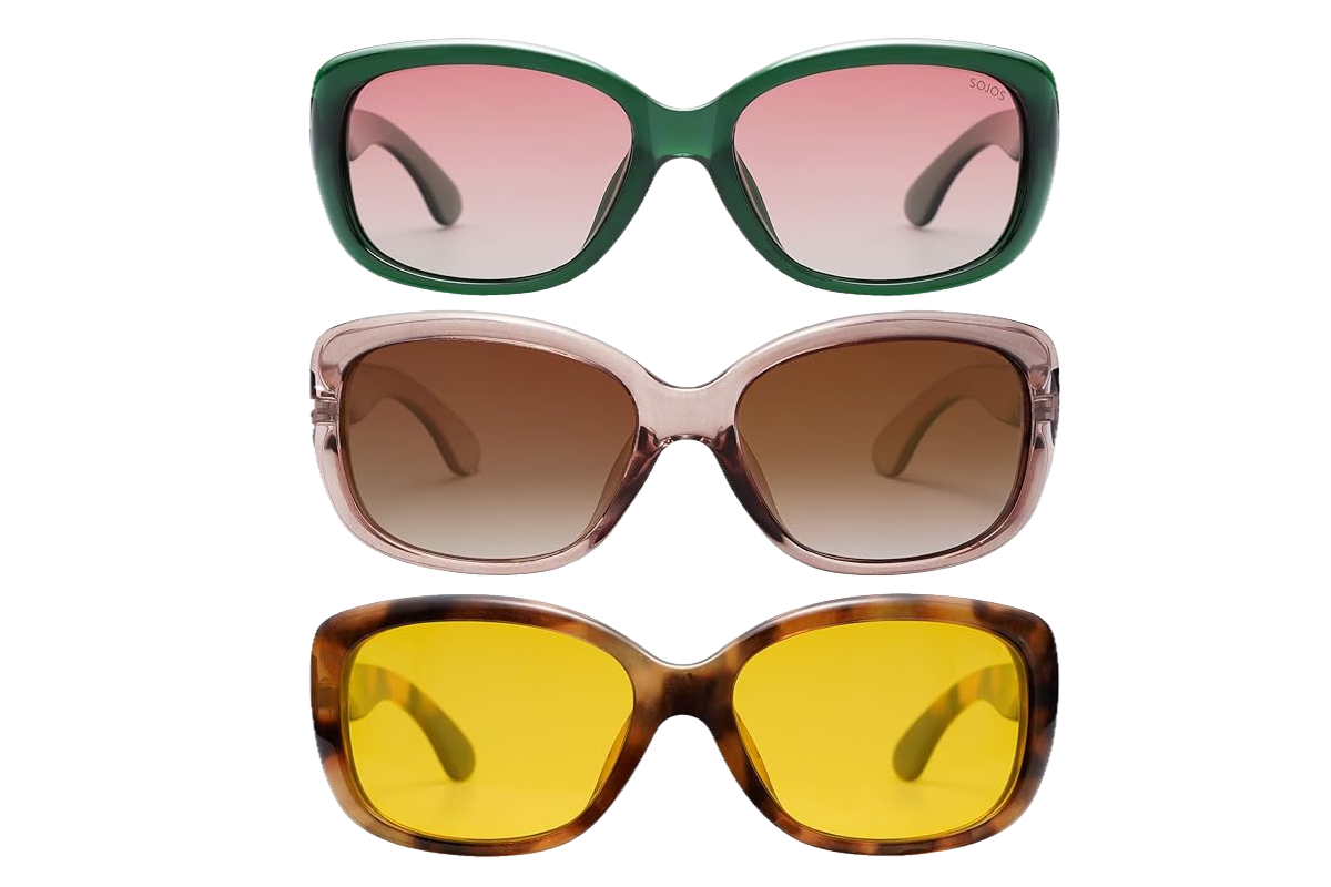 Three pairs of sunglasses stacked on top of each other: green frame with pink lenses, pink frame with brown lenses, tortoise frame with yellow lenses.