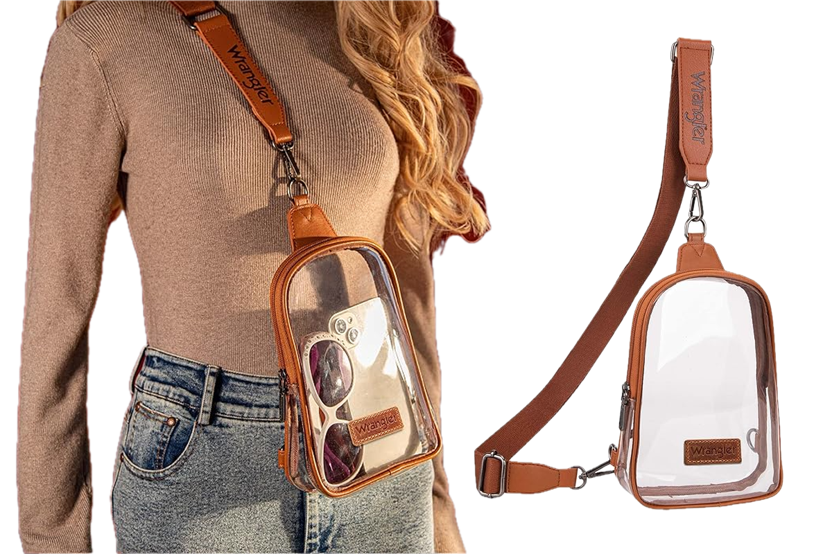 A woman wearing a brown turtleneck and denim jeans, with a clear crossbody bag worn across her chest. Next to her is a close-up image of the clear bag.