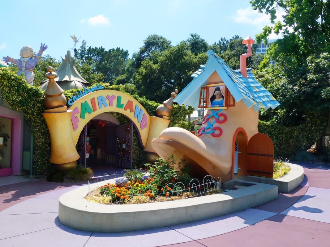 Set decoration at Children's Fairyland in Oakland, with a sign saying "Fairyland" and house made out of a giant boot.