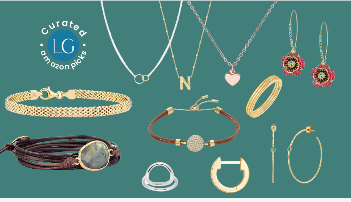 This image features a yellow gold mesh bracelet, a yellow ring, yellow hoop earrings, a silver ring with oval cutout, a necklace with the letter N pendant, two leather bracelets and a pink gold necklace with a heart pendant.