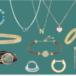 This image features a yellow gold mesh bracelet, a yellow ring, yellow hoop earrings, a silver ring with oval cutout, a necklace with the letter N pendant, two leather bracelets and a pink gold necklace with a heart pendant.
