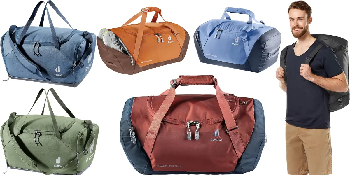 Five sustainably-made backpacks in blue, orange, light blue, green, and red are displayed, each featuring handles and zippers. A man stands to the right, smiling and carrying the red backpack over his shoulder.