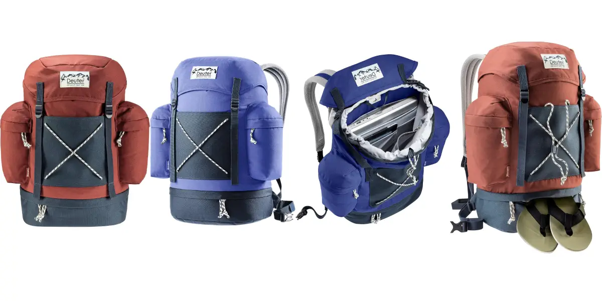 Four Deuter brand sustainably-made backpacks with two in red, one in blue, and one in a lighter purple color are displayed. Each backpack features front pockets, side pockets, and a drawstring main compartment. The backpacks have padded shoulder straps and a sturdy design suitable for outdoor activities.