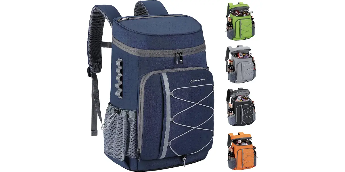 A navy blue insulated backpack cooler with a zippered front pocket, side mesh pocket, and bungee cord on the front. The image showcases sustainably-made beach bags in smaller versions of the cooler available in green, black, and orange colors.