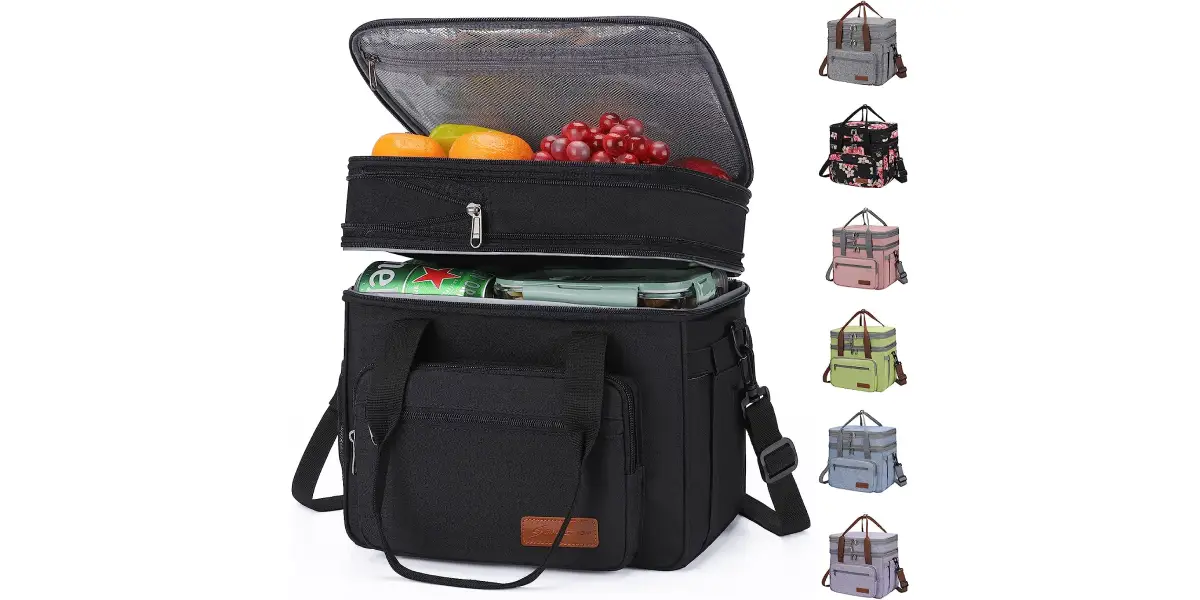 A black insulated cooler bag with multiple compartments is open, showing it filled with fruit and canned drinks. The lid is open, and next to it are six sustainably-made beach bags in different colors and patterns, including floral, pink, grey, green, blue, and purple.