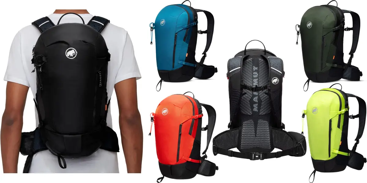 A person wearing a black, sustainably-made backpack, with five additional backpacks displayed next to them in different colors: blue, green, orange, and yellow. Each backpack has a similar design with adjustable straps and a loop for hanging.