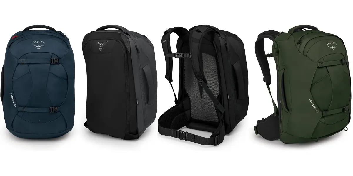 Four travel backpacks from Osprey in different colors are displayed. From left to right: a green backpack, a black backpack, a black backpack from the back showing the straps and back support, and a dark green backpack. These sustainably-made backpacks feature adjustable straps and multiple compartments.