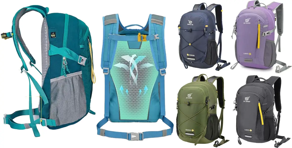 An array of colorful, sustainably-made backpacks is shown. Styles include teal, dark gray, purple, olive green, and black, each with various pockets, zippers, and straps. The central teal backpack is highlighted from the front, side, and back, showcasing its features in detail.