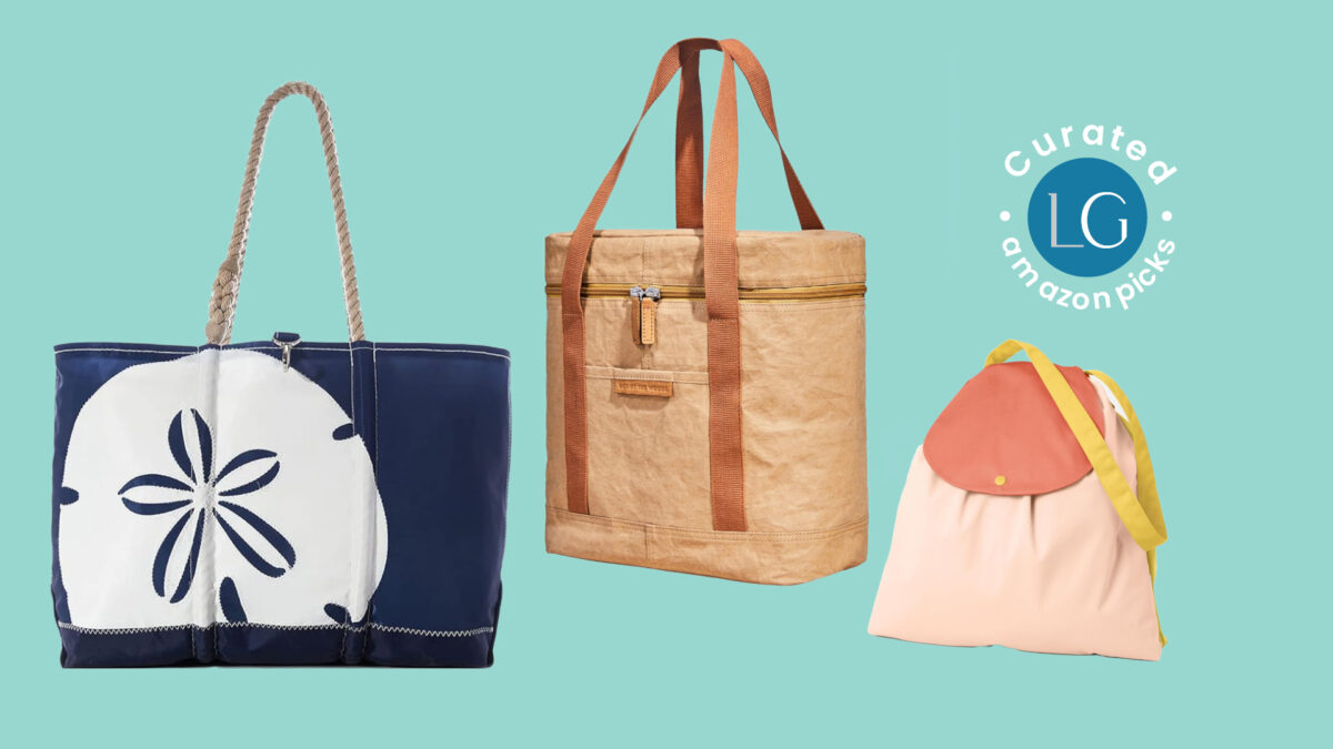 Three stylish, sustainably-made beach bags are displayed against a light teal background. From left to right: a navy and white bag with a sand dollar design, a zippered beige bag with brown straps, and a peach bag with a yellow strap and an orange flap. A logo reads "Curated LG Amazon Picks.