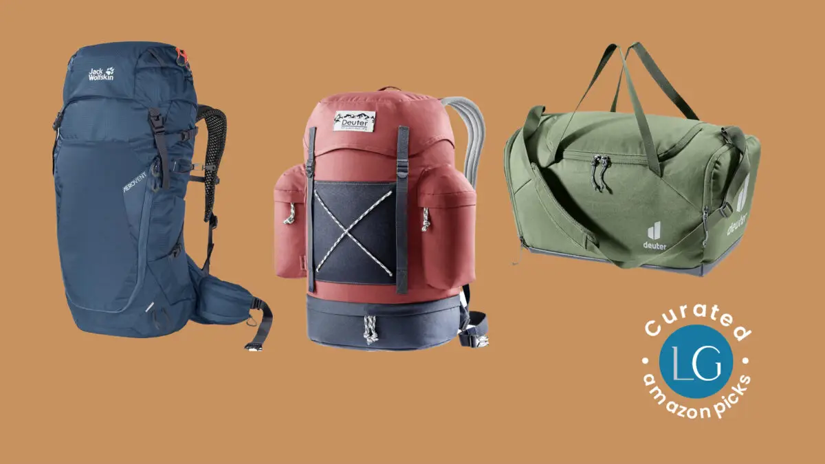 Three different backpacks on a brown background. From left to right: a navy hiking backpack, a red and gray backpack with multiple pockets, and an olive green duffel bag. A circular "Curated LG Amazon Picks" graphic is in the bottom right corner. Discover our sustainably-made backpacks today!