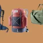 Three different backpacks on a brown background. From left to right: a navy hiking backpack, a red and gray backpack with multiple pockets, and an olive green duffel bag. A circular "Curated LG Amazon Picks" graphic is in the bottom right corner. Discover our sustainably-made backpacks today!