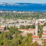 View over the UC Berkeley campus with the iconic Sather Tower (Campanile) rising amidst trees and buildings. The San Francisco Bay and Golden Gate Bridge are visible in the background, under a clear blue Berkeley sky.