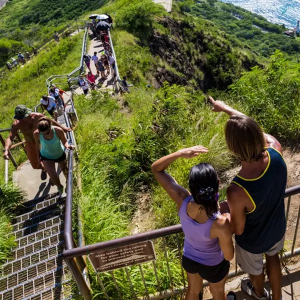 People are hiking up a steep trail on a lush, green hillside towards a scenic viewpoint overlooking the ocean. The trail, one of the best hikes Oahu, Hawaii offers, includes a section with a metal grid staircase. A group is paused at a railing, with one person pointing towards the horizon.