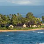 A scenic coastal view featuring a cluster of houses, reminiscent of the best oceanfront hotels Kauai offers, nestled among palm trees on a small sandy beach. The turquoise ocean waves gently lap the shoreline, and the horizon stretches out under a partly cloudy blue sky.