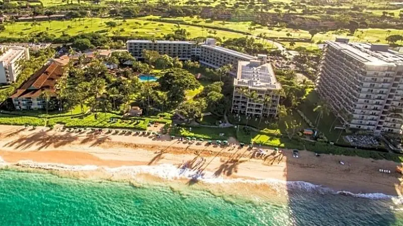 Aerial view of a beachfront resort with multiple buildings surrounded by lush greenery. Guests lounge under umbrellas on the sandy beach while others swim in the clear blue ocean. A golf course and other resort facilities are visible in the background, highlighting why Maui hotels are so sought after.