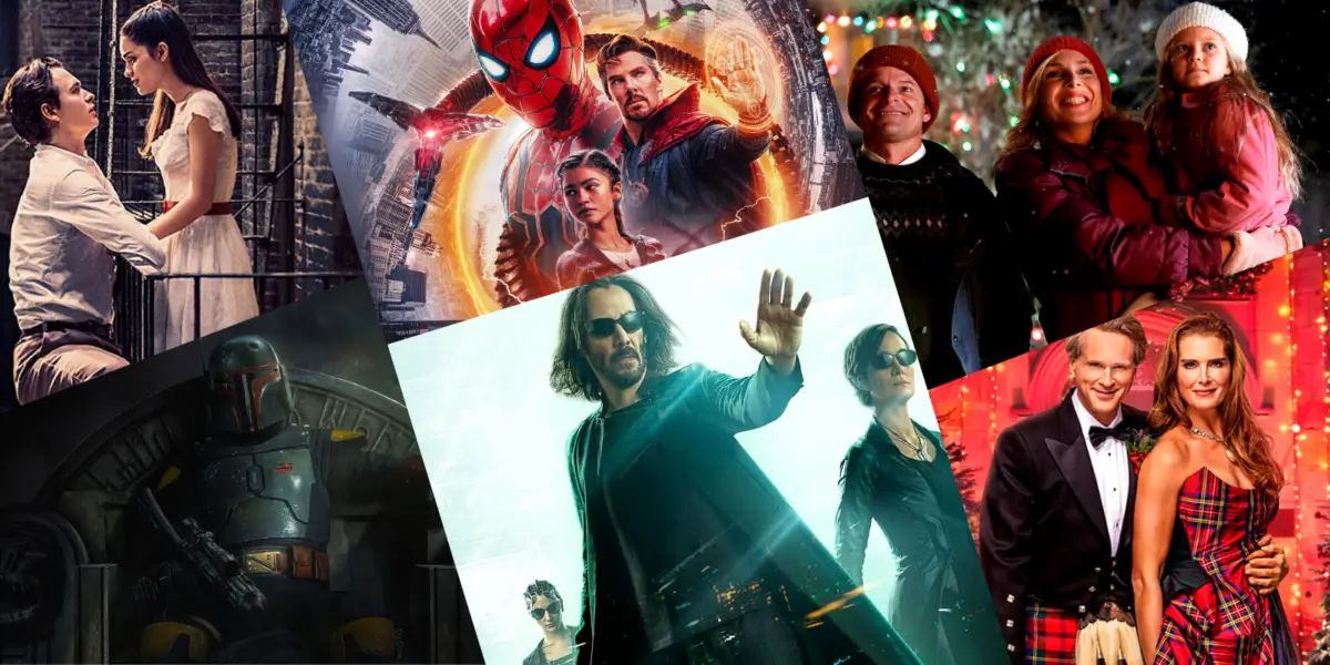 A collage of movie posters featuring iconic film characters: a couple sitting close, Spider-Man with Doctor Strange, a festive family, bounty hunters, and a trio striking powerful poses. The diverse settings range from urban landscapes to holiday scenes—perfect for deciding what to watch next.