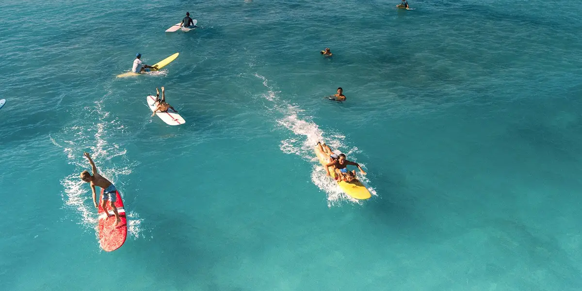 An overhead view of surfers in the ocean. Some are paddling on their boards while others sit or lie on them, looking out towards the open waters. The water is a vibrant blue, and the lively scene resembles classes from top surf schools in Waikiki with individuals enjoying surfing activities.