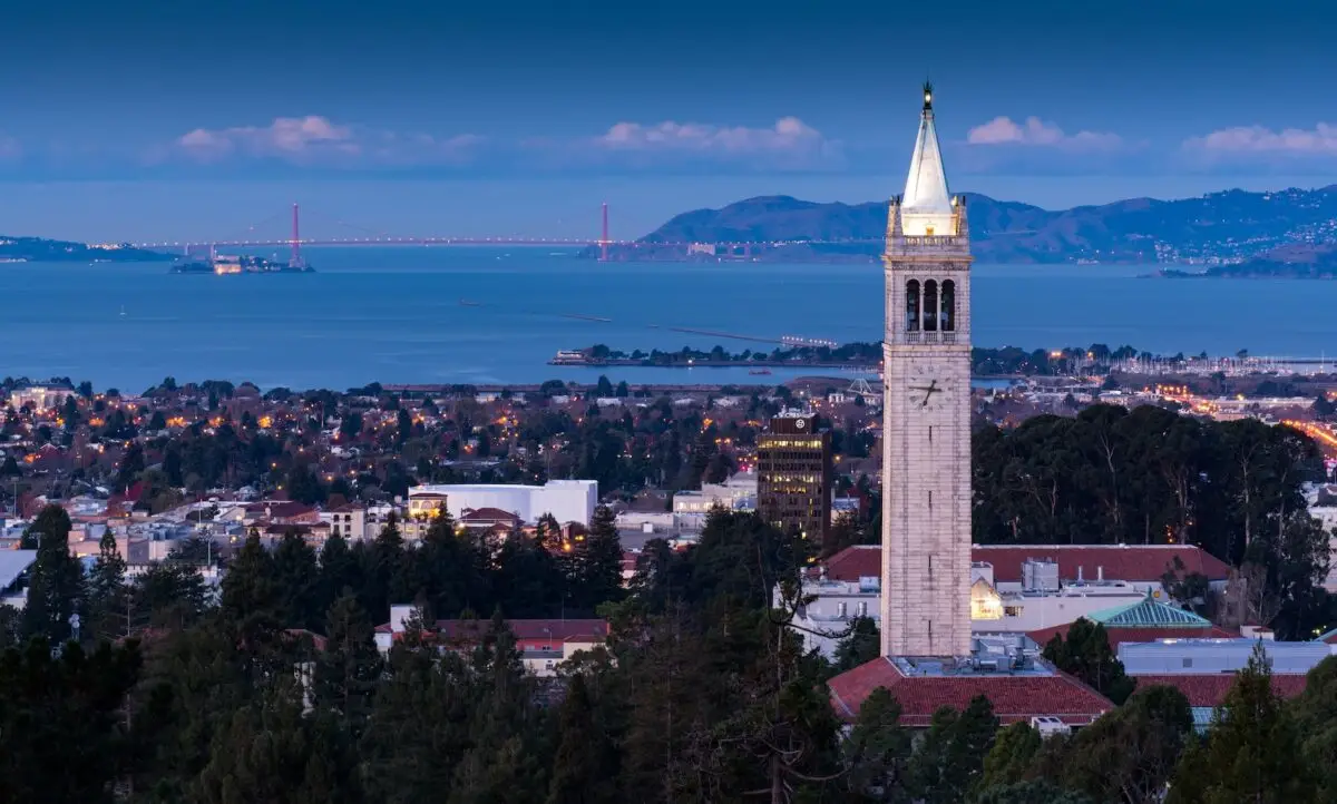 A panoramic view of the UC Berkeley campus at dusk, featuring the illuminated Campanile clock tower in the foreground, vibrant city buildings, and the iconic Golden Gate Bridge in the background against a hilly landscape and darkening sky.