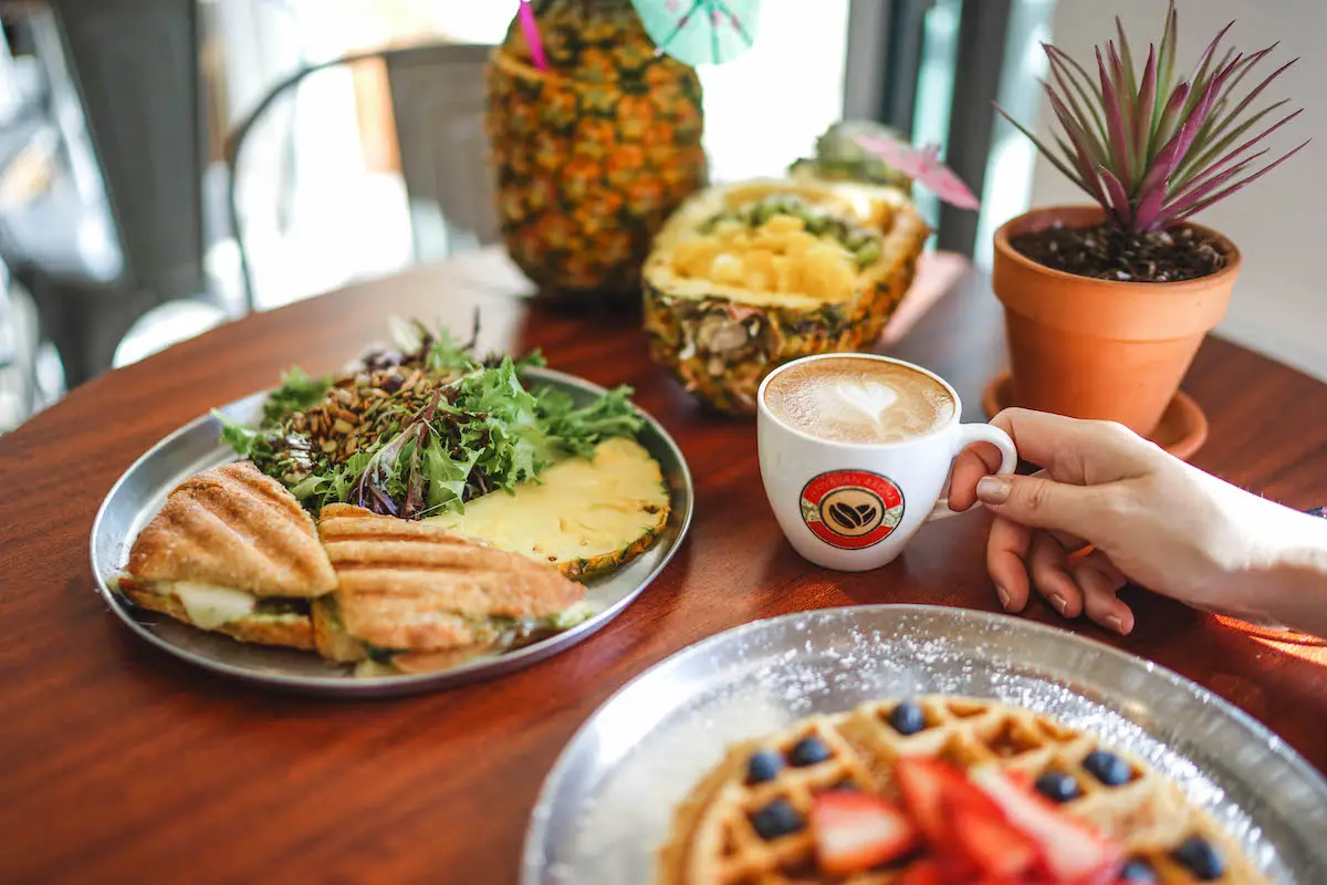 A table set with a diverse breakfast: a plate with a sandwich and salad, a tropical fruit bowl served in a pineapple shell reminiscent of Oahu, waffles topped with strawberries and blueberries, a potted plant, and a hand holding a coffee cup.