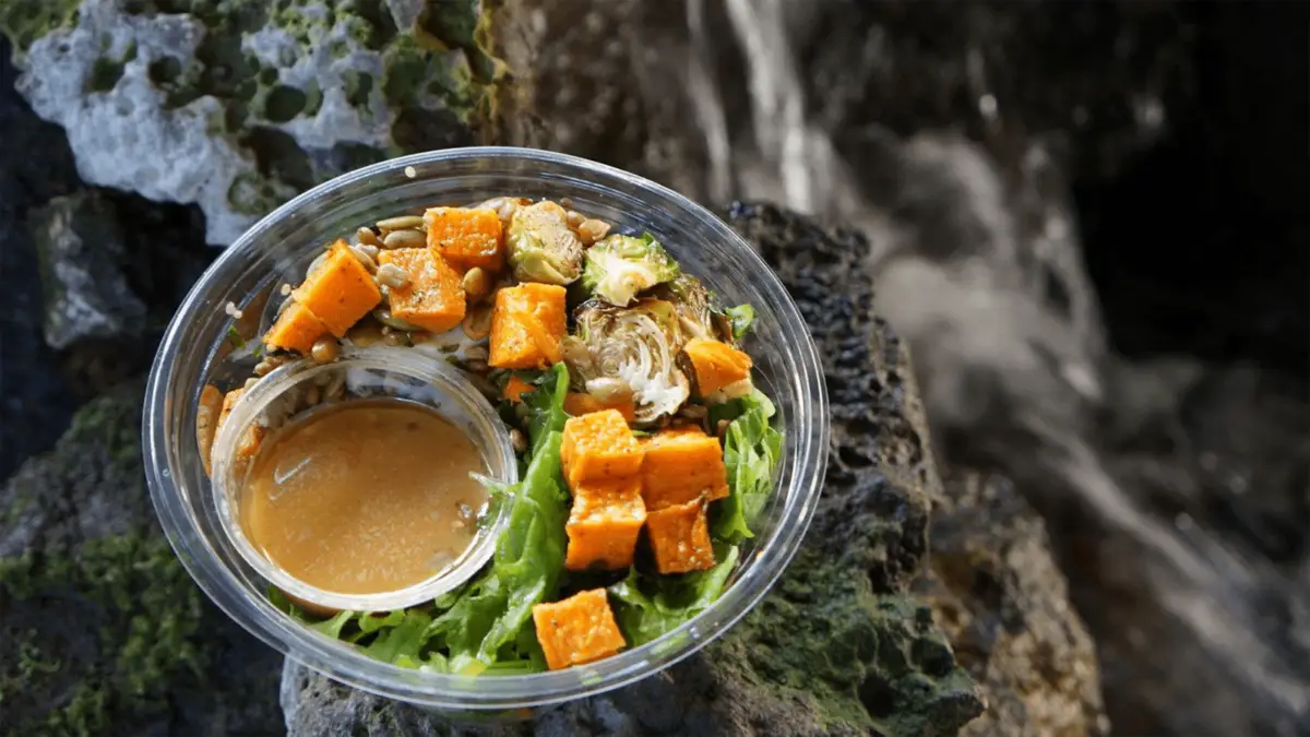 A clear plastic bowl contains a salad topped with roasted sweet potato cubes, Brussels sprouts, and a small plastic container of creamy dressing. The bowl is placed on a mossy rock with a blurred waterfall in the background, showcasing some of the best gluten-free dining in Waikiki.