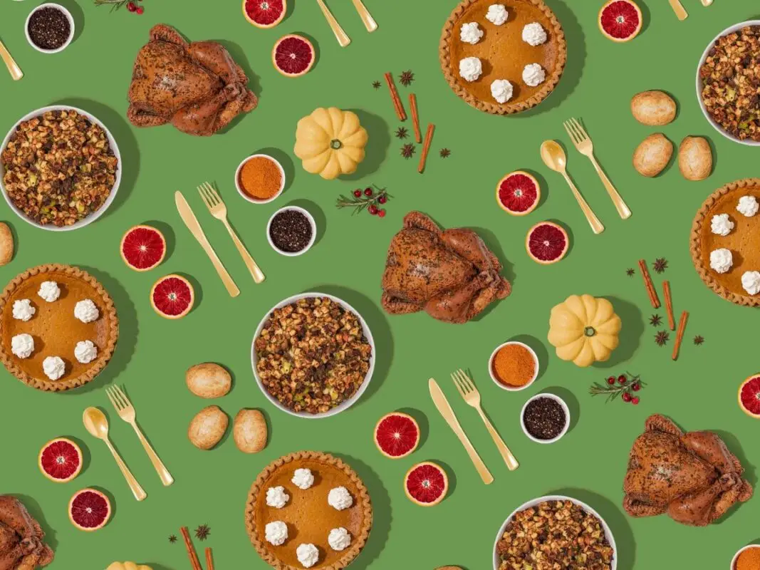 A festive Bay Area Thanksgiving Offering-themed pattern featuring roasted turkeys, pumpkin pies topped with whipped cream, bowls of stuffing, small bread rolls, red and orange citrus slices, wooden cutlery sets, cinnamon sticks, decorative pumpkins, and saucers of syrup on a green background.