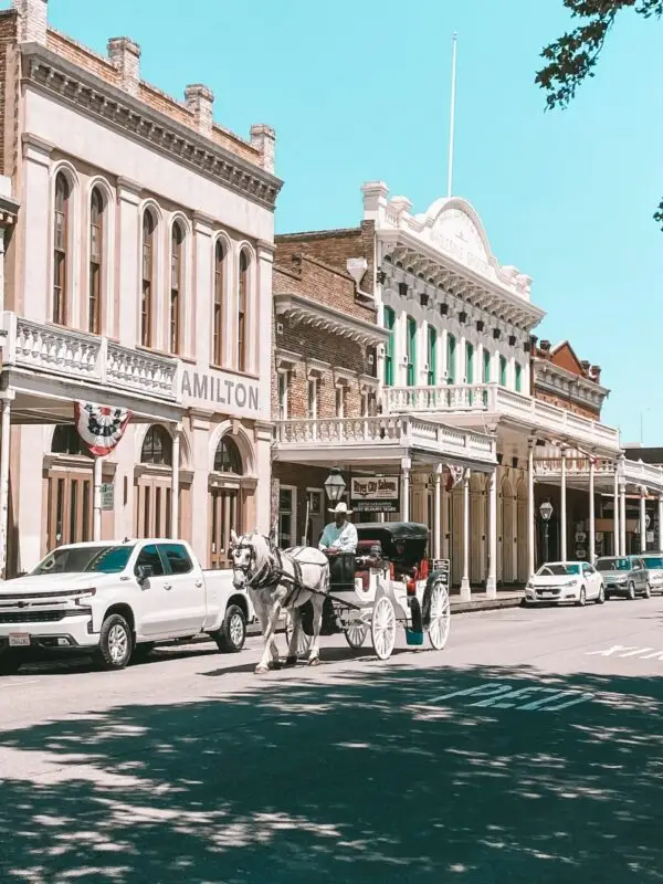 A street scene with historic buildings featuring columns and ornate facades. A white horse-drawn carriage carrying people progresses along the street next to parked vehicles, including a white truck. The sky is clear and blue, and trees cast shadows on the road—one of the best places to visit in Sacramento.