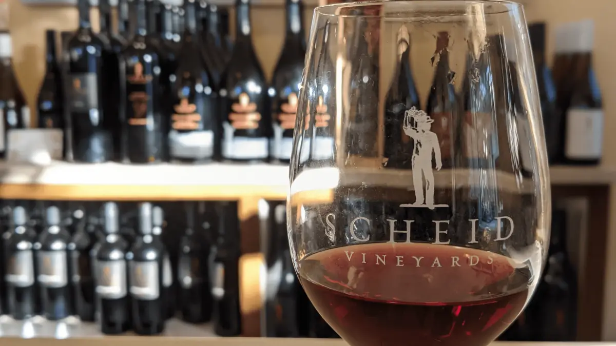 A wine glass with red wine is in the foreground, bearing the "Scheid Vineyards" logo. The background, reminiscent of Carmel Wine Tasting Rooms, is filled with shelves of various wine bottles, slightly out of focus. Sunlight softly illuminates the scene.