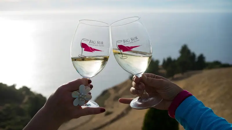 Two hands clinking wine glasses with a scenic view of a body of water and landscape in the background. Both glasses have "Big Sur" printed on them along with an illustration of a bird. One hand is wearing a blue sleeve, and the other has a large flower ring—one of the best things to do on the Monterey Peninsula in November.