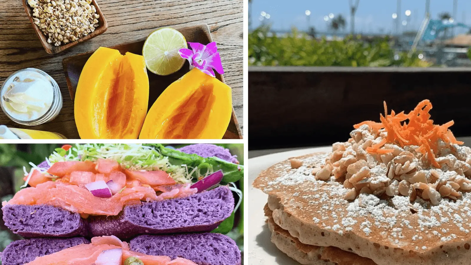 A collage of three breakfast images: papaya halves with lime and garnish, a chia seed pancake with shredded carrot and nuts on top, and a sandwich with smoked salmon and vegetables inside a purple bagel. One photo beautifully captures an ocean view in Oahu.