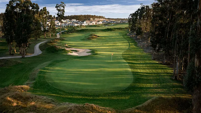 A lush, well-maintained golf course with a green at the forefront and a curved path surrounded by tall trees. The sky is clear, and houses can be seen in the background. Shadows from the trees stretch across the fairway, making it one of the best golf courses Monterey Peninsula offers among other things to do at Pebble Beach.