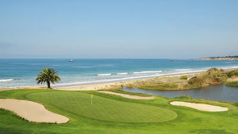 Golf course by the beach featuring a green with its flag, sand bunkers, and a pond. The scene extends to the beach with gentle waves, a palm tree, and a distant pier over the calm blue ocean waters under a clear sky. One of the best golf courses Monterey Peninsula offers for golfing enthusiasts.