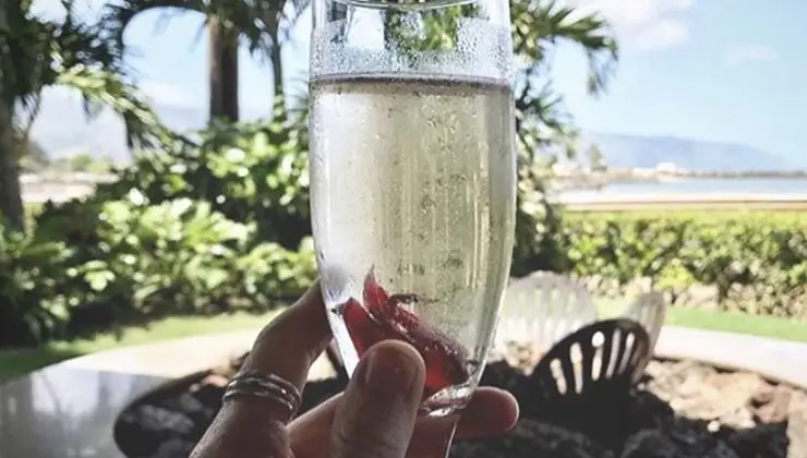 A hand holding a champagne flute with a small red object inside. In the background, there is a lush garden with palm trees, a white fence, an inviting outdoor seating area, and distant mountains under a clear blue sky—the perfect setting for the best sunset dining in Oahu.