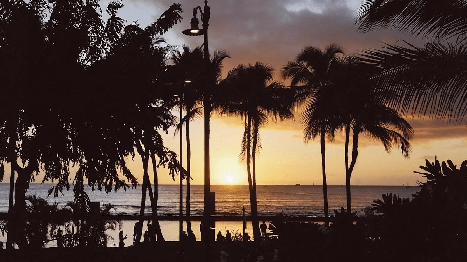 Sunset view over the ocean, framed by tall palm trees and lush foliage. The sky is a blend of orange, yellow, and dusky hues, with clouds scattered above. Silhouettes of people can be seen enjoying the serene beach scene, creating the perfect backdrop for the best sunset dining Oahu offers.