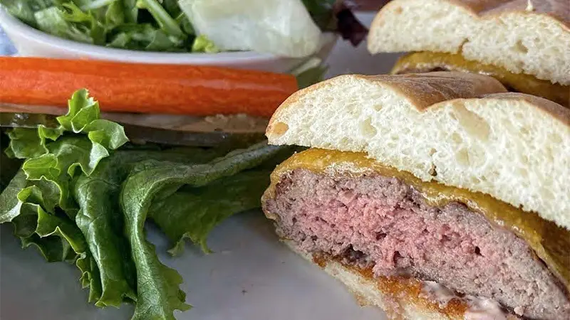 A close-up of a sandwich featuring a thick piece of meat with a pink center, encased in a sliced bread roll. Beside the sandwich are fresh green lettuce leaves, a carrot stick, and a small bowl of salad—perfect for lunch by the scenic vistas of Big Sur.