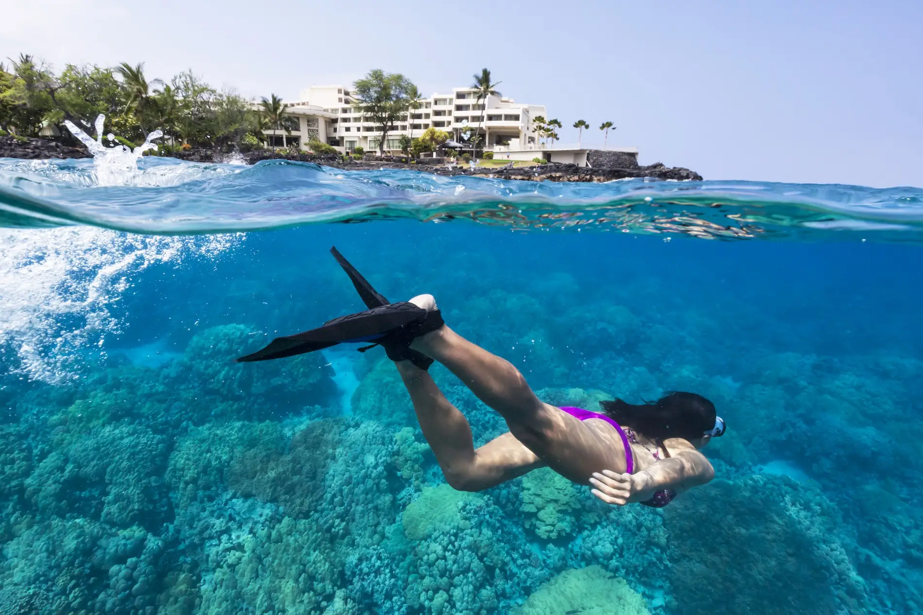 A snorkeler in a purple swimsuit swims in clear blue water above a vibrant coral reef. The scene is split between the underwater view and the Outrigger Resort and Spa with palm trees and buildings in the background. The sky is clear and blue.