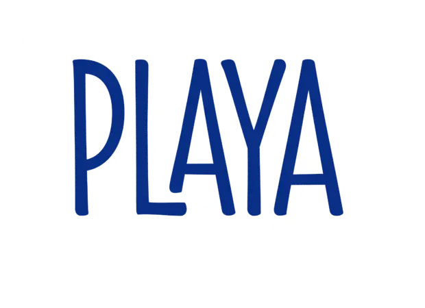 The word "PLAYA" is written in large, blue capital letters. Behind the text, there are several white, abstract, radial burst patterns creating a visually dynamic background reminiscent of a bustling Downtown Mill Valley Restaurant Rally.