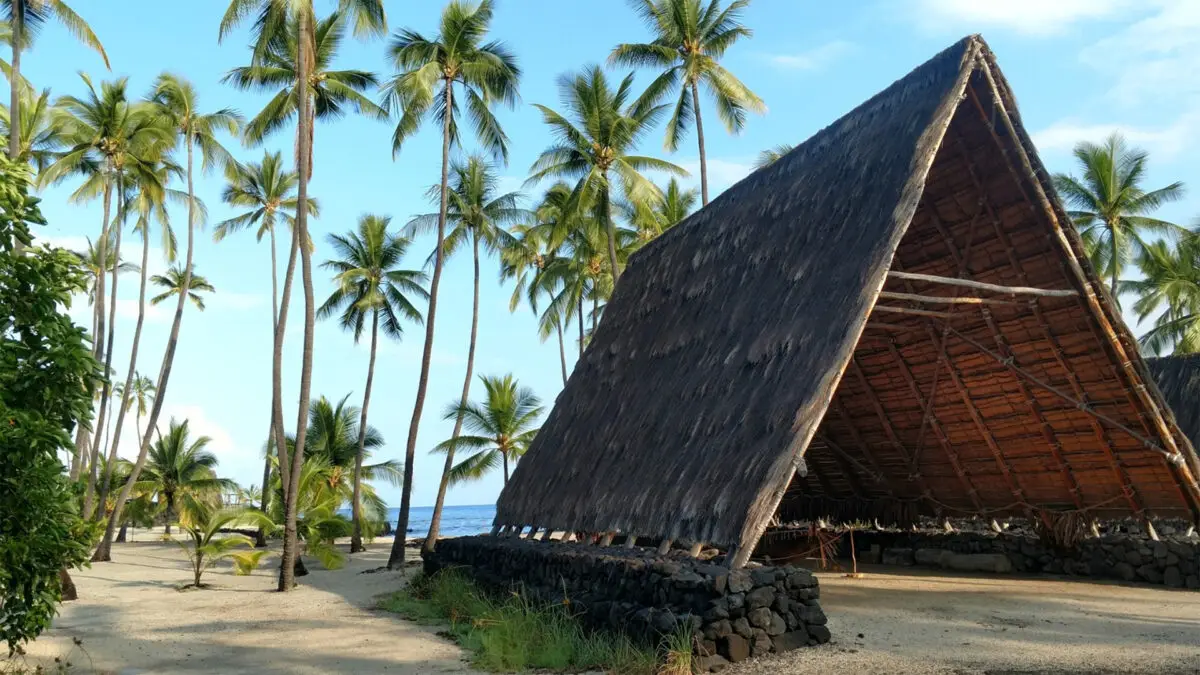 A traditional Polynesian thatched roof structure stands on a stone foundation amidst a grove of tall palm trees, with a clear blue sky and ocean in the background, creating a serene and picturesque coastal scene—one of the Best Places to Visit on the Big Island.