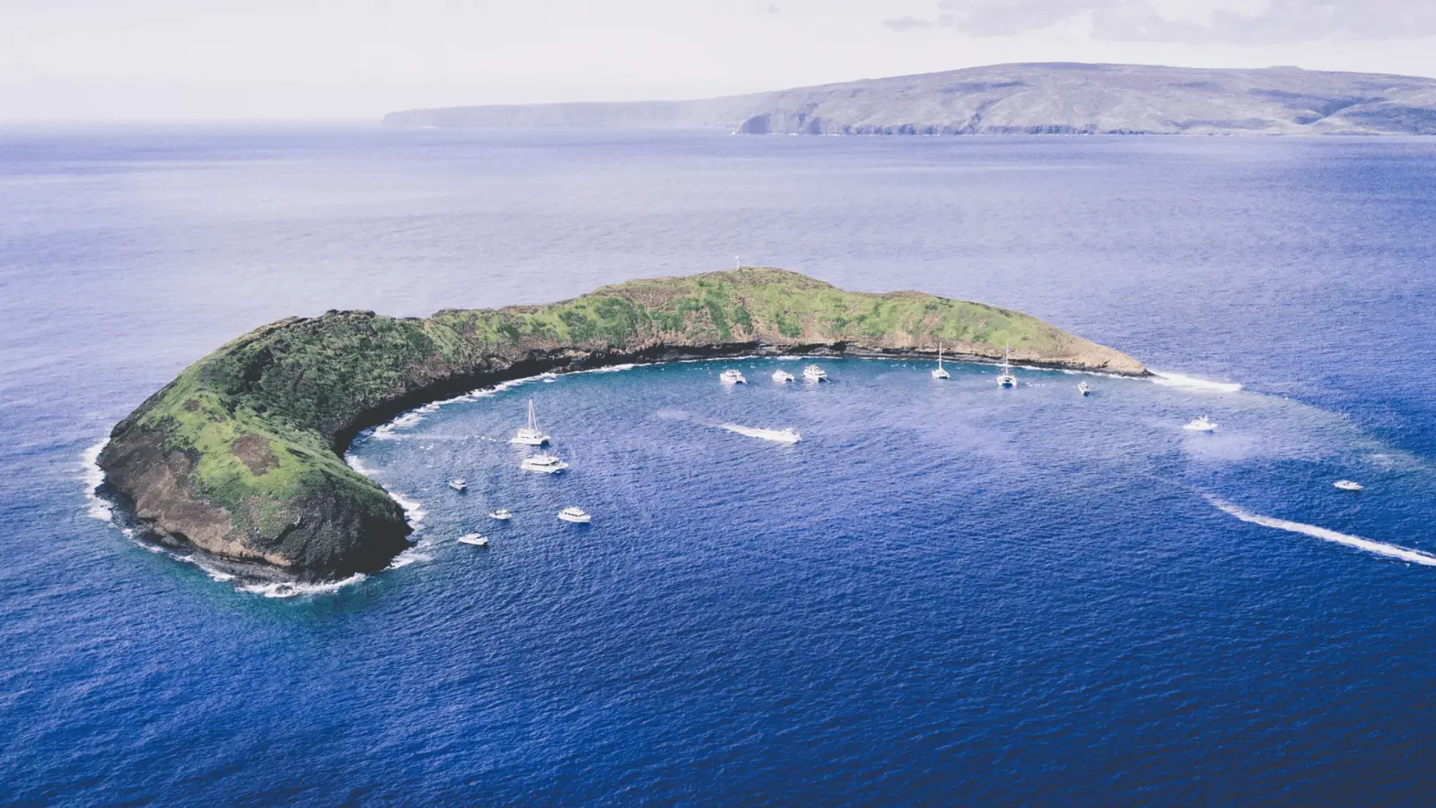 Aerial view of a crescent-shaped island surrounded by clear blue ocean waters, perfect for those exploring the best places to scuba dive in Maui. Multiple boats and yachts are anchored near the lush, green shores, while a distant, larger landmass extends on the horizon.