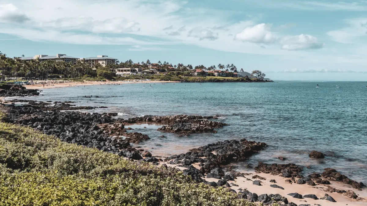 A scenic beach view featuring clear blue waters, rocky outcrops, and sandy shores. Lush greenery lines the edge of the beach, and buildings are visible in the background under a cloudy sky. People can be seen enjoying snorkeling on Maui in the distance.