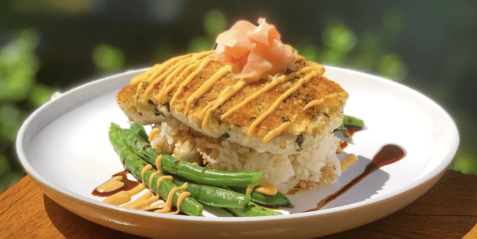 A breaded and pan-fried fish fillet garnished with pink pickled ginger sits atop a bed of white rice, accompanied by sautéed green beans. The dish is drizzled with a creamy sauce and a dark glaze, all served on a white plate. Discover the best Hawaiian food in Poipu or Koloa to experience this delight.