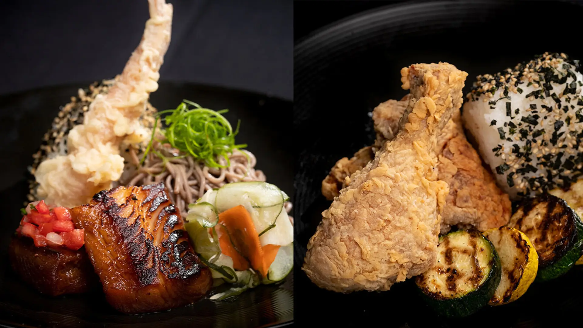 A split image showing two dishes. On the left: Grilled fish with sliced vegetables, noodles, and garnish. On the right: Fried chicken with rice covered in sesame seeds, and grilled zucchini. Both dishes are plated on dark-colored plates against a black background, reminiscent of dining in Poipu's best Hawaiian food spots.