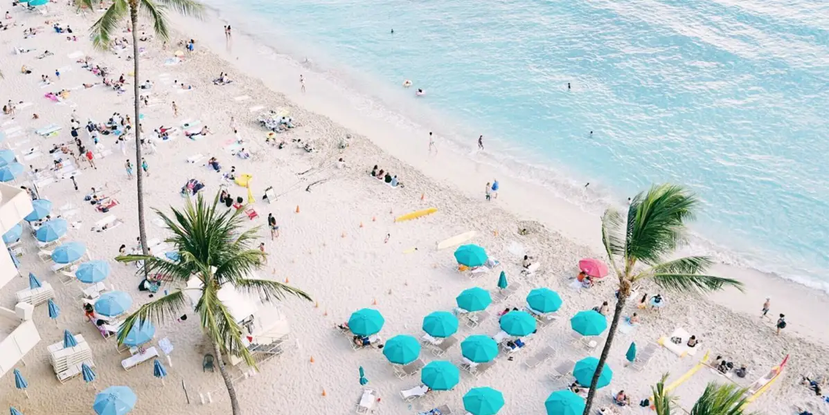 A beach scene with white sand and turquoise water. People are relaxing on beach chairs and sitting under blue umbrellas. Palm trees are scattered throughout the area, and swimmers, occasionally glimpsing an outrigger in the distance, enjoy the ocean. The sky is not visible in the image.