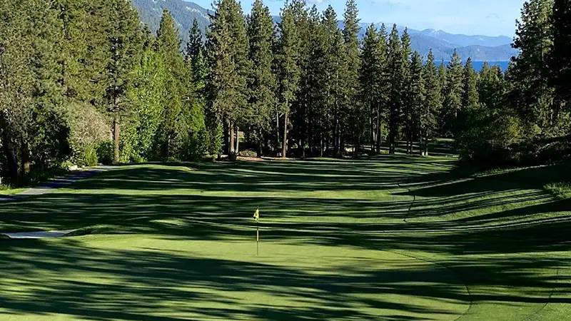 A scenic view of a golf course with lush green fairways lined by tall pine trees under a clear blue sky. In the distance, mountain peaks are visible, adding to the picturesque setting. The flagstick sits in the middle of the green, foregrounded by manicured grass—a top spot for golfing and one of the best golf courses Tahoe offers.