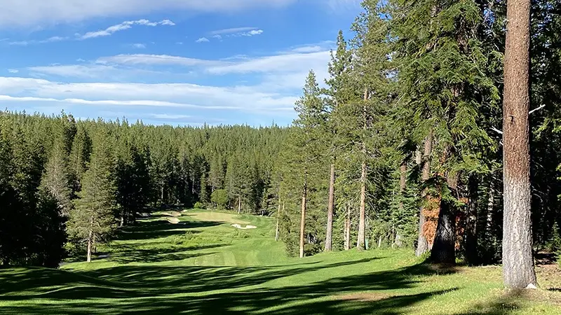 A lush golf course is nestled within a large forest of tall pine trees under a partly cloudy blue sky. The fairway stretches into the distance, surrounded by dense greenery and sand bunkers visible on the left side, making it one of the best golfing experiences for visitors exploring things to do in San Diego.