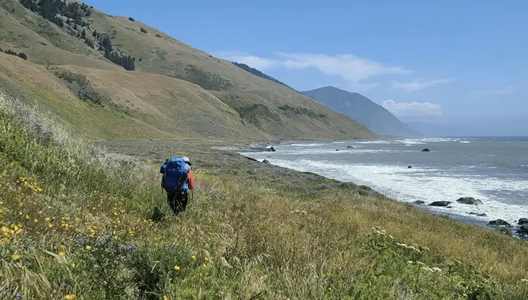 A lone hiker with a large backpack walks along a coastal trail surrounded by wildflowers, with grassy hills and rugged mountains rising on the left and waves crashing against the shore on the right under a partly cloudy blue sky. It's one of the 10 coolest hikes in Northern California.