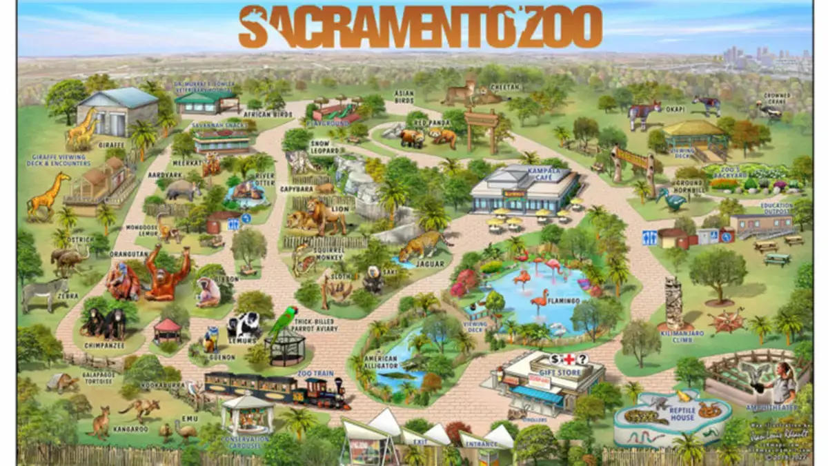 Colorful map illustration of Sacramento Zoo depicting various animal exhibits, pathways, and amenities. Labelled areas include habitats for giraffes, zebras, big cats, monkeys, and birds, along with visitor attractions like ponds, restaurants, trains, and play areas. A must-see among the best places to visit in Sacramento!