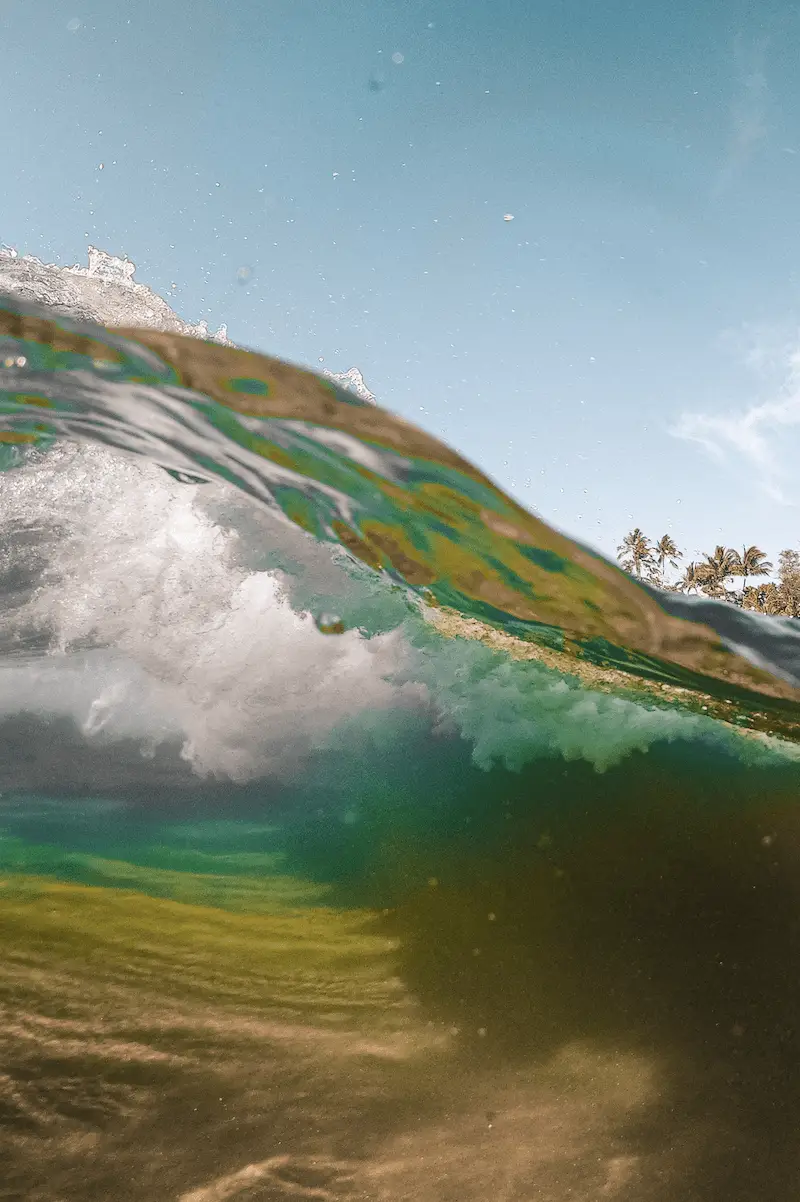 A dynamic view from within a breaking wave, showing crystal-clear water and foam crashing above. In the background, there are palm trees and a clear blue sky, capturing the essence of Oahu Beaches and a tropical beach setting.