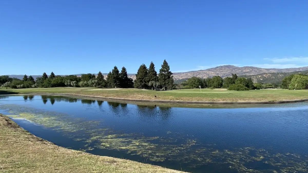 A serene golf course with a clear blue waterway in the foreground. The course is surrounded by lush green grass, tall trees, and set against a backdrop of rolling hills and distant mountains under a bright blue sky. Among the best golf courses Napa Valley offers, it's perfect for golfing enthusiasts.