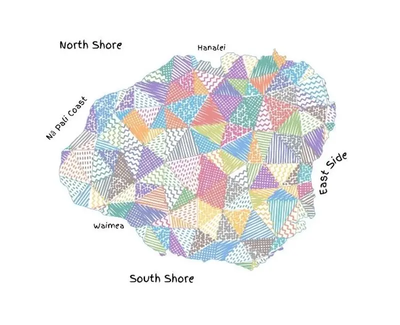 A colorful map of the Hawaiian island of Kauai, divided into multicolored, patterned triangular sections resembling the vibrancy of Oahu Beaches. Major regions labeled around the island's perimeter include North Shore, Na Pali Coast, Hanalei, East Side, South Shore, and Waimea.