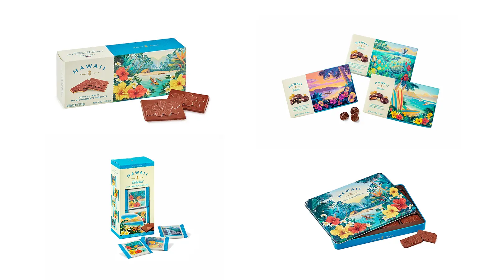An assortment of Hawaiian-themed chocolate packaging is displayed in four different arrangements: a rectangular box with flower designs, a set with postcards and small chocolates, a tall box with individually wrapped chocolates, and a decorative tin—perfect souvenirs to consider when exploring Duty Free Shopping in Maui airport Hawaii.